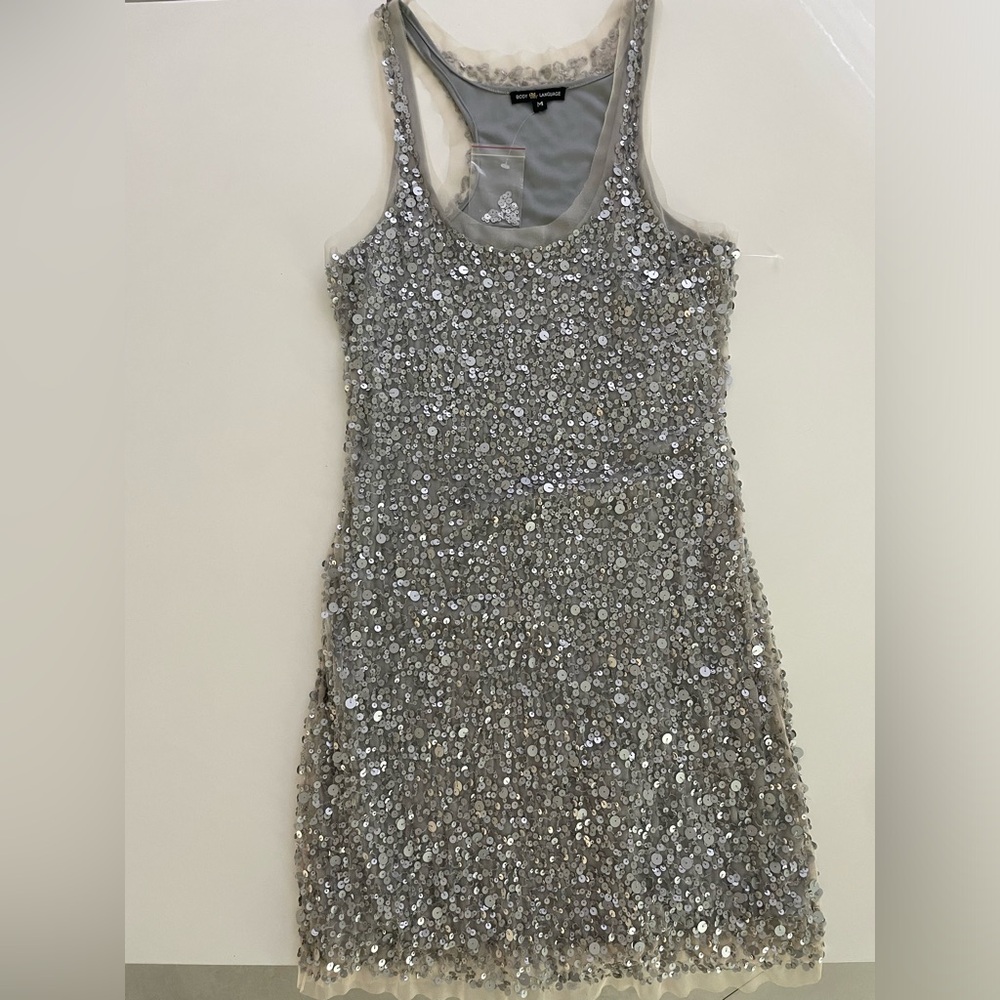 Body Language Paris Cocktail  Bodycon Sequin Sparkle Allover Silver Dress Size M